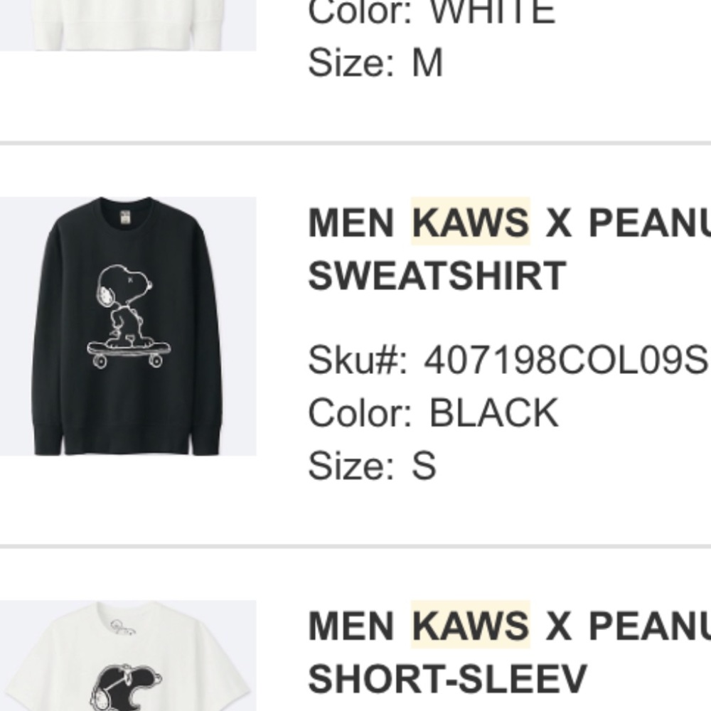 UNIQLO limited ed Kaws snoopy peanuts sweatshirt